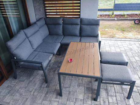 Metalowy narożnik na taras z pufami i stołem 120cm Doros Corner - Polywood Dark Grey