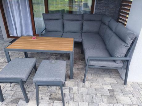 Metalowy narożnik na taras z pufami i stołem 120cm Doros Corner - Polywood Dark Grey