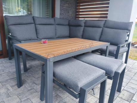 Metalowy narożnik na taras z pufami i stołem 120cm Doros Corner - Polywood Dark Grey