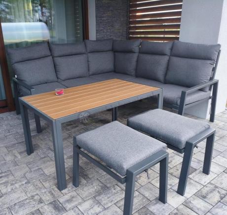 Metalowy narożnik na taras z pufami i stołem 120cm Doros Corner - Polywood Dark Grey