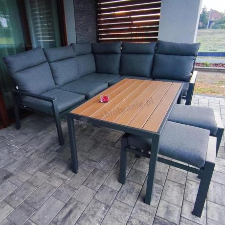 Metalowy narożnik na taras z pufami i stołem 120cm Doros Corner - Polywood Dark Grey