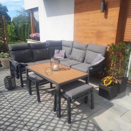 Metalowy narożnik na taras z pufami i stołem 120cm Doros Corner - Polywood Dark Grey