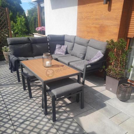 Metalowy narożnik na taras z pufami i stołem 120cm Doros Corner - Polywood Dark Grey