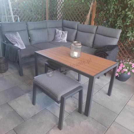 Metalowy narożnik na taras z pufami i stołem 120cm Doros Corner - Polywood Dark Grey