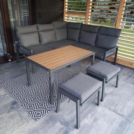 Metalowy narożnik na taras z pufami i stołem 120cm Doros Corner - Polywood Dark Grey