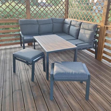 Metalowy narożnik na taras z pufami i stołem 120cm Doros Corner - Polywood Dark Grey