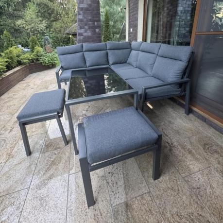 Metalowy narożnik na taras z pufami o stołem 120cm Doros Corner - Dark Grey