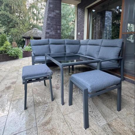 Metalowy narożnik na taras z pufami o stołem 120cm Doros Corner - Dark Grey