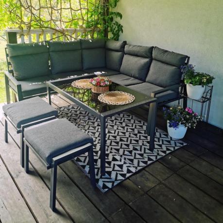 Metalowy narożnik na taras z pufami o stołem 120cm Doros Corner - Dark Grey