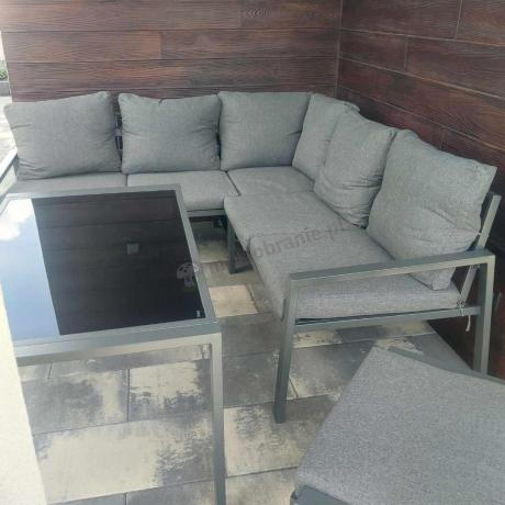 Metalowy narożnik na taras z pufami o stołem 120cm Sodor Corner - Dark Grey