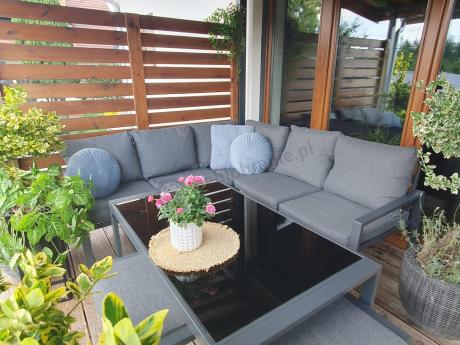 Metalowy narożnik na taras z pufami o stołem 120cm Sodor Corner - Dark Grey