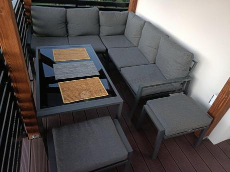 Metalowy narożnik na taras z pufami o stołem 120cm Sodor Corner - Dark Grey