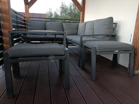 Metalowy narożnik na taras z pufami o stołem 120cm Sodor Corner - Dark Grey