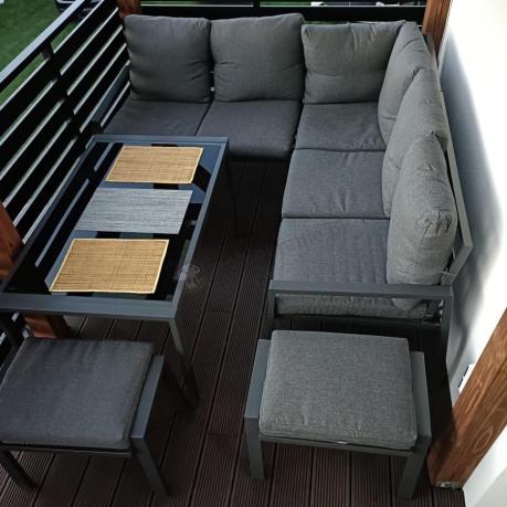 Metalowy narożnik na taras z pufami o stołem 120cm Sodor Corner - Dark Grey