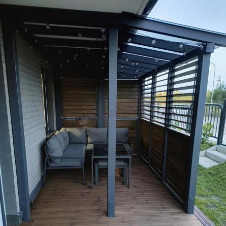 Metalowy narożnik na taras z pufami o stołem 120cm Sodor Corner - Dark Grey