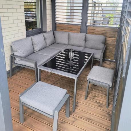 Metalowy narożnik na taras z pufami o stołem 120cm Sodor Corner - Dark Grey