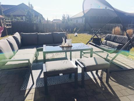 Metalowy narożnik na taras z pufami o stołem 120cm Sodor Corner - Dark Grey