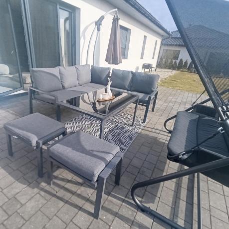 Metalowy narożnik na taras z pufami o stołem 120cm Sodor Corner - Dark Grey