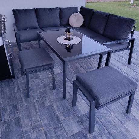 Metalowy narożnik na taras z pufami o stołem 120cm Sodor Corner - Dark Grey