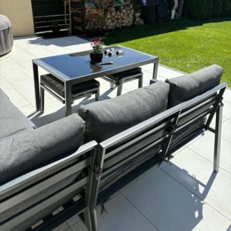 Metalowy narożnik na taras z pufami o stołem 120cm Sodor Corner - Dark Grey