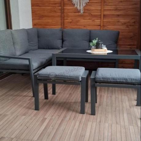 Metalowy narożnik na taras z pufami o stołem 120cm Sodor Corner - Dark Grey