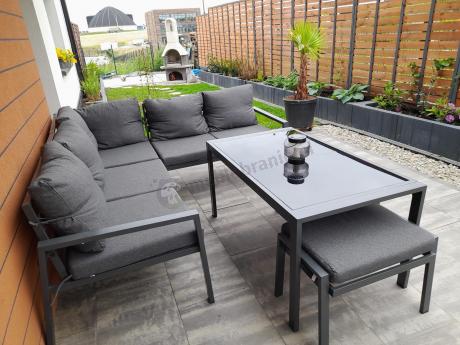 Metalowy narożnik na taras z pufami o stołem 120cm Sodor Corner - Dark Grey