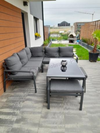 Metalowy narożnik na taras z pufami o stołem 120cm Sodor Corner - Dark Grey