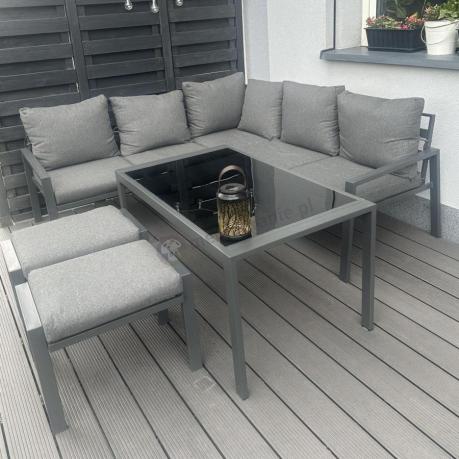 Metalowy narożnik na taras z pufami o stołem 120cm Sodor Corner - Dark Grey