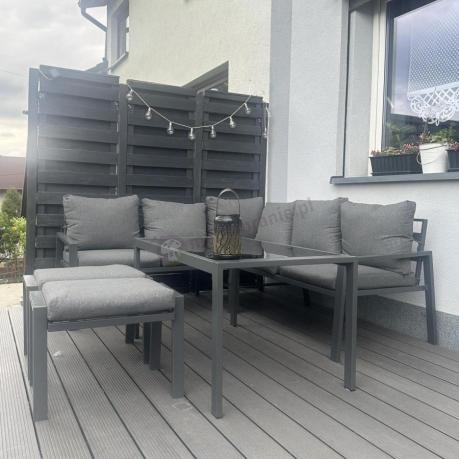 Metalowy narożnik na taras z pufami o stołem 120cm Sodor Corner - Dark Grey