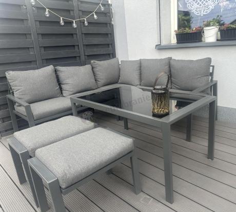 Metalowy narożnik na taras z pufami o stołem 120cm Sodor Corner - Dark Grey