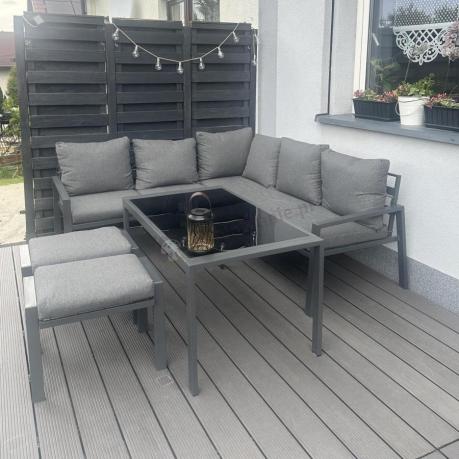 Metalowy narożnik na taras z pufami o stołem 120cm Sodor Corner - Dark Grey