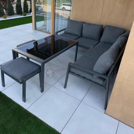 Metalowy narożnik na taras z pufami o stołem 120cm Sodor Corner - Dark Grey