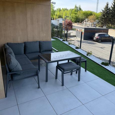 Metalowy narożnik na taras z pufami o stołem 120cm Sodor Corner - Dark Grey