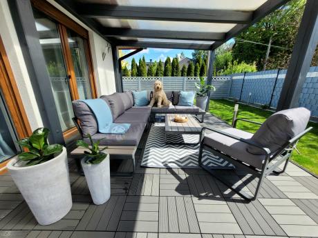 Metalowy narożnik ogrodowy 280x220cm z ławą i fotelem Panaon GG