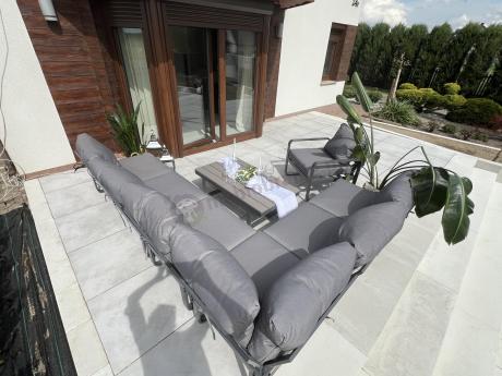 Metalowy narożnik ogrodowy 280x220cm z ławą i fotelem Panaon GG