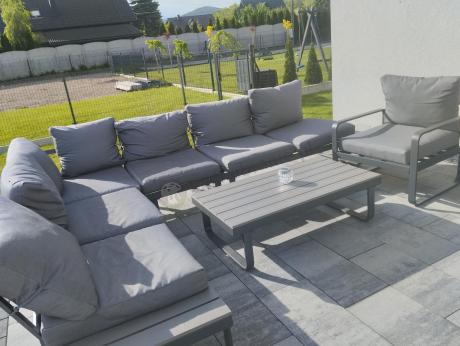 Metalowy narożnik ogrodowy 280x220cm z ławą i fotelem Panaon GG