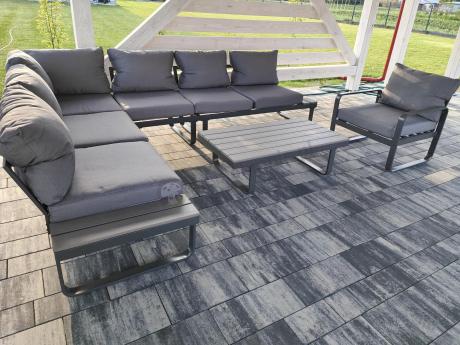 Metalowy narożnik ogrodowy 280x220cm z ławą i fotelem Panaon GG