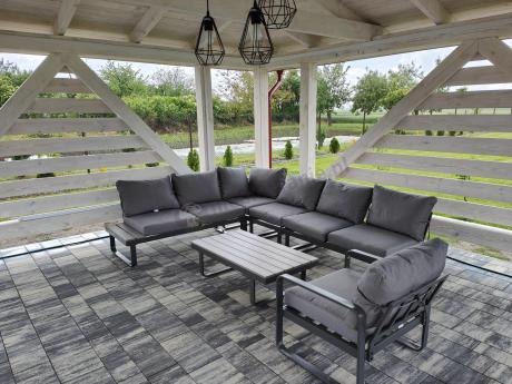 Metalowy narożnik ogrodowy 280x220cm z ławą i fotelem Panaon GG