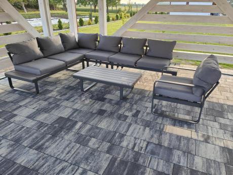 Metalowy narożnik ogrodowy 280x220cm z ławą i fotelem Panaon GG