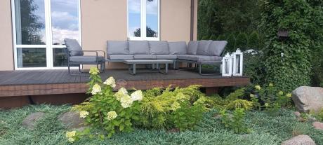 Metalowy narożnik ogrodowy 280x220cm z ławą i fotelem Panaon GG