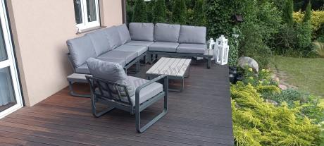 Metalowy narożnik ogrodowy 280x220cm z ławą i fotelem Panaon GG