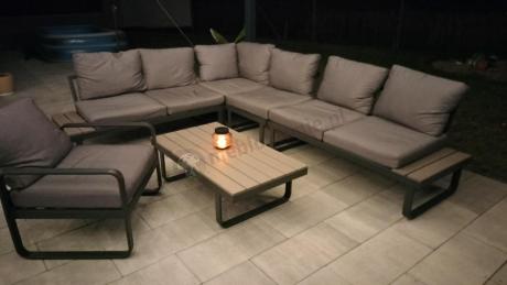 Metalowy narożnik ogrodowy 280x220cm z ławą i fotelem Panaon GG