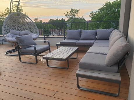 Metalowy narożnik ogrodowy 280x220cm z ławą i fotelem Panaon GG