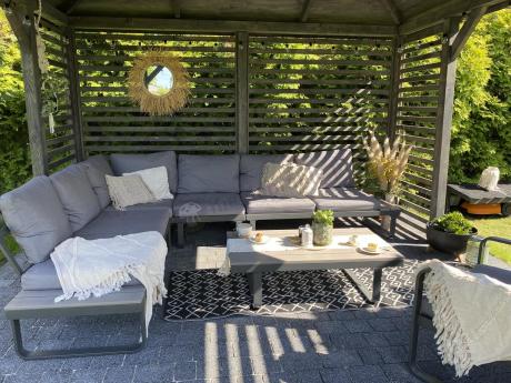 Metalowy narożnik ogrodowy 280x220cm z ławą i fotelem Panaon GG