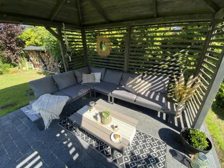 Metalowy narożnik ogrodowy 280x220cm z ławą i fotelem Panaon GG