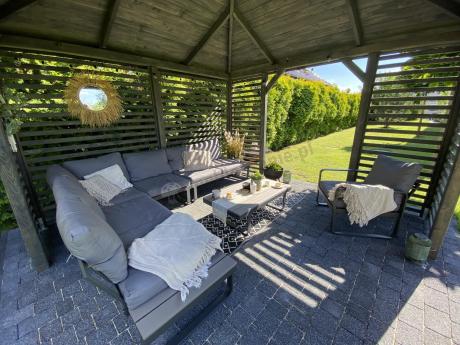 Metalowy narożnik ogrodowy 280x220cm z ławą i fotelem Panaon GG