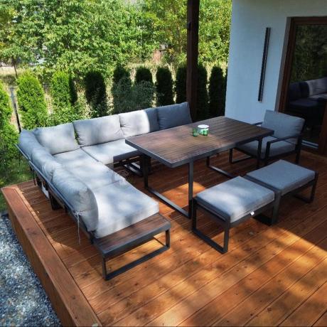 Metalowy narożnik ogrodowy 280x220cm ze stołem 160cm i fotelem Panaon LG