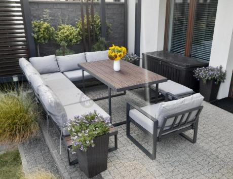 Metalowy narożnik ogrodowy 280x220cm ze stołem 160cm i fotelem Panaon LG