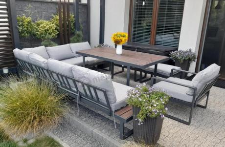 Metalowy narożnik ogrodowy 280x220cm ze stołem 160cm i fotelem Panaon LG