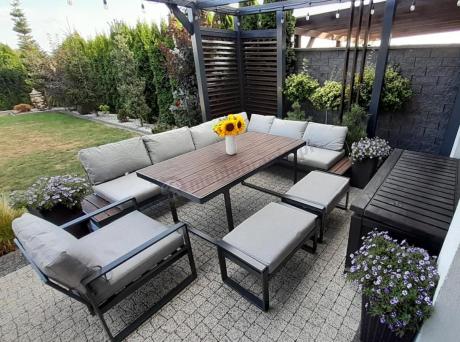 Metalowy narożnik ogrodowy 280x220cm ze stołem 160cm i fotelem Panaon LG
